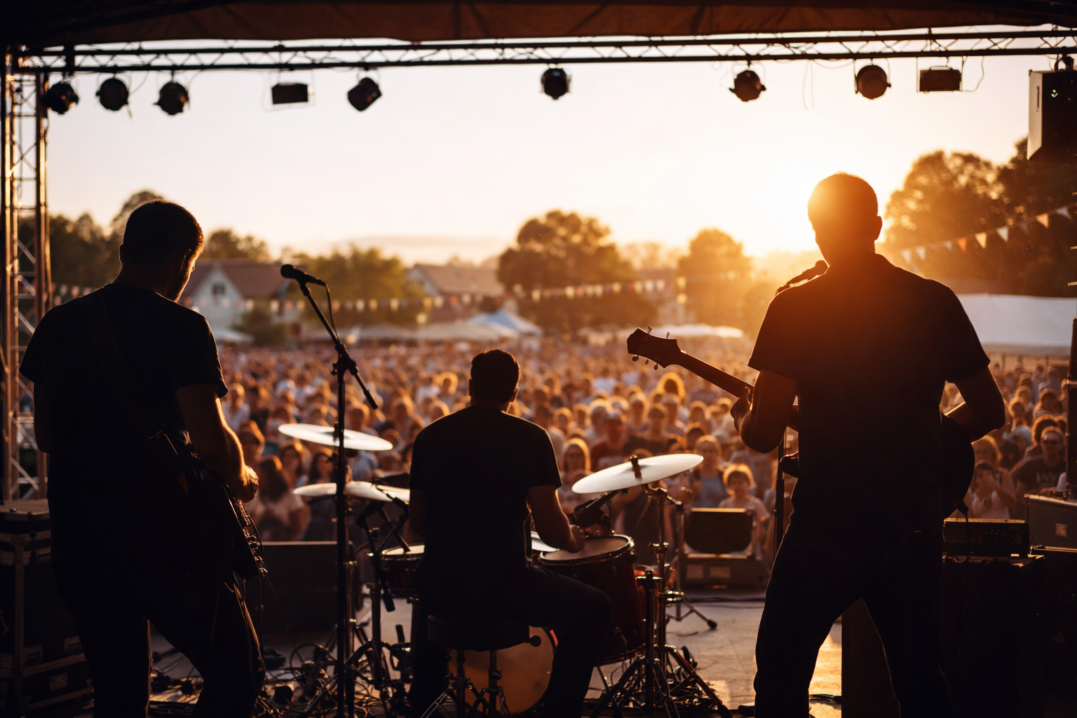 Band performing on stage at sunset with crowd